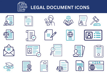 Legal Document Icon Collection. Agreement, contract, driving license, passport, ID card, lease agreement, Vector illustration.