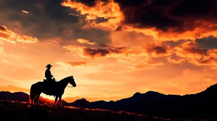 Silhouette of Cowboy Riding at Sunset