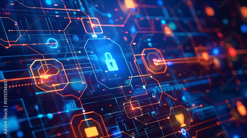 Poster abstract digital illustration depicting a secure digital network with a padlock icon as a key elemen