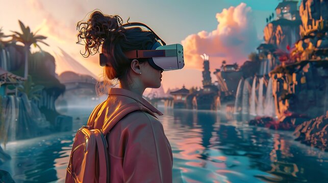 Woman wearing a VR headset explores a breathtaking virtual reality landscape with waterfalls and mountains, capturing a sense of awe and wonder. - Powered by Adobe