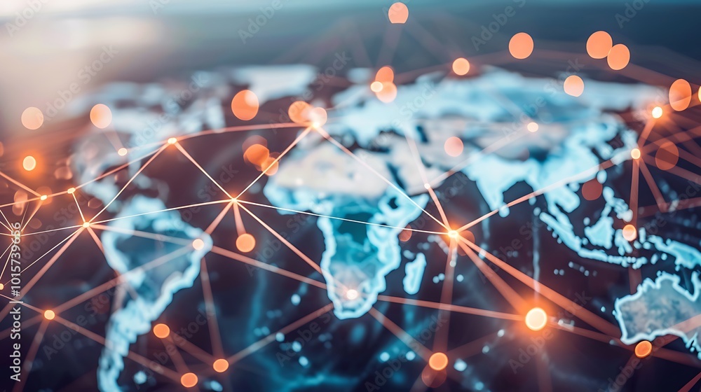 Poster global network connection is represented by glowing lines and dots over a map of the world, symboliz