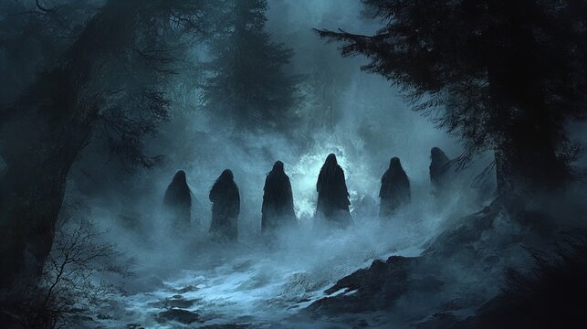 The image depicts a mysterious, fog-laden forest scene illuminated by muted light, creating an eerie atmosphere. In the foreground, six shadowy figures wearing dark cloaks stand in a line, their facel