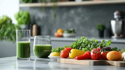 Fototapeta premium An elegant kitchen countertop with a variety of fresh, vibrant vegetables and fruits, alongside a bowl of a green smoothie. The image should have a minimalistic design with plenty of empty space