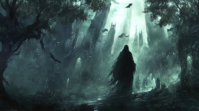 A dark, eerie landscape enveloped in mist and shadows, featuring a robed figure standing amidst a gnarled forest. Tall, ominous trees rise into the hazy atmosphere while faint, ghostly shapes of ancie