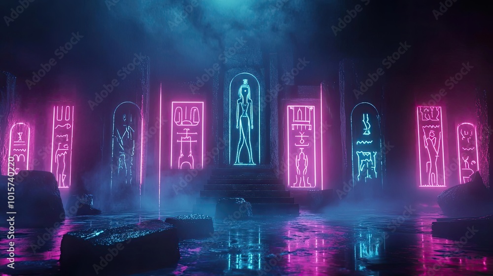 Poster futuristic scene with neon lights and inscriptions, creating an ethereal atmosphere in a mystical en