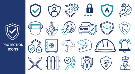 Protection Icon Set. Shield, lock, security, alarm, safe umbrella, helmet, fence, airbag, guard, vector icons.