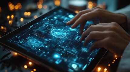Obraz premium A doctor uses a digital tablet and hologram, navigating a modern medical interface for patient care.