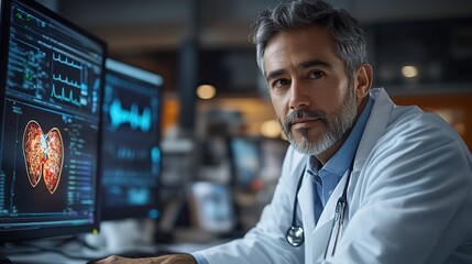 Obraz premium A doctor uses a virtual screen to explore heart diagnostics, combining medical practice with digital innovation.