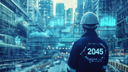 Fototapeta premium A worker in a hard hat stands in front of a futuristic cityscape with digital displays showing data and the year 2045.