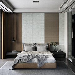 A cozy and luxurious bedroom interior with modern furniture, soft lighting, and elegant decor