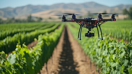 Naklejka premium A drone flies over a vineyard, showcasing how smart technology helps monitor agricultural fields effectively.