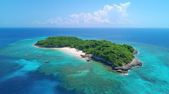 A drone view of Mantigue Island reveals the beauty of this tropical paradise, surrounded by crystal-clear waters and lush greenery.
