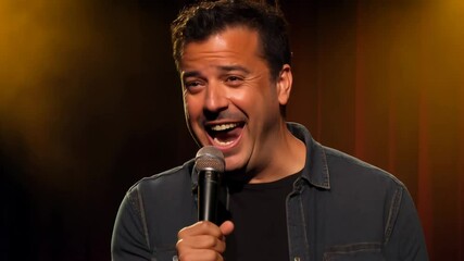 Camera zooms in on a stand-up comedian delivering a joke on a stage with three-point lighting, filling the comedy club with laughter