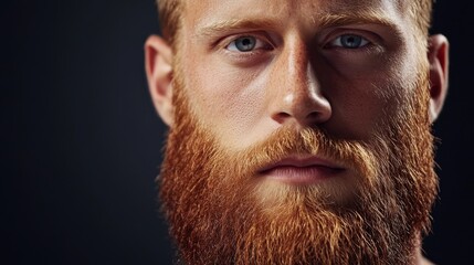 A young man with a meticulously groomed beard looks directly at the camera, showcasing strength and character. The lighting highlights the contours of his face, leaving ample space on the left