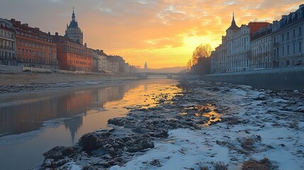 Fototapeta premium A dry and barren riverbed runs through a major city in Europe, a stark symbol of global warming and its widespread effects on water sources.