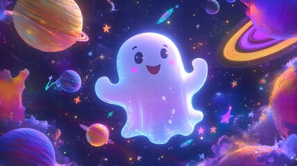 Cute Ghost in Space with Planets and Stars