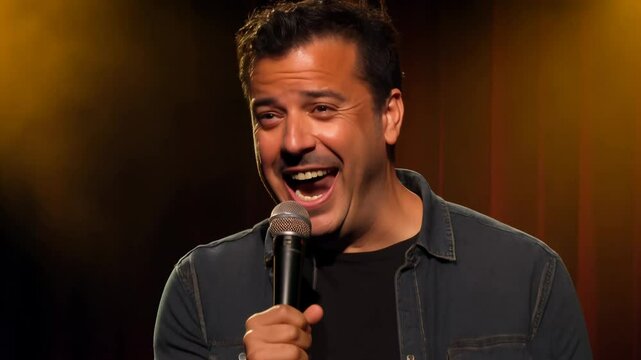 Camera zooms in on a stand-up comedian delivering a joke on a stage with three-point lighting, filling the comedy club with laughter