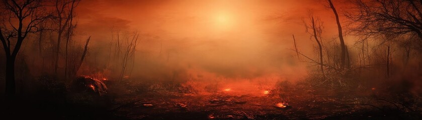 Obraz premium A dramatic landscape engulfed in smoke and fire, featuring a haunting orange sky and silhouettes of barren trees.