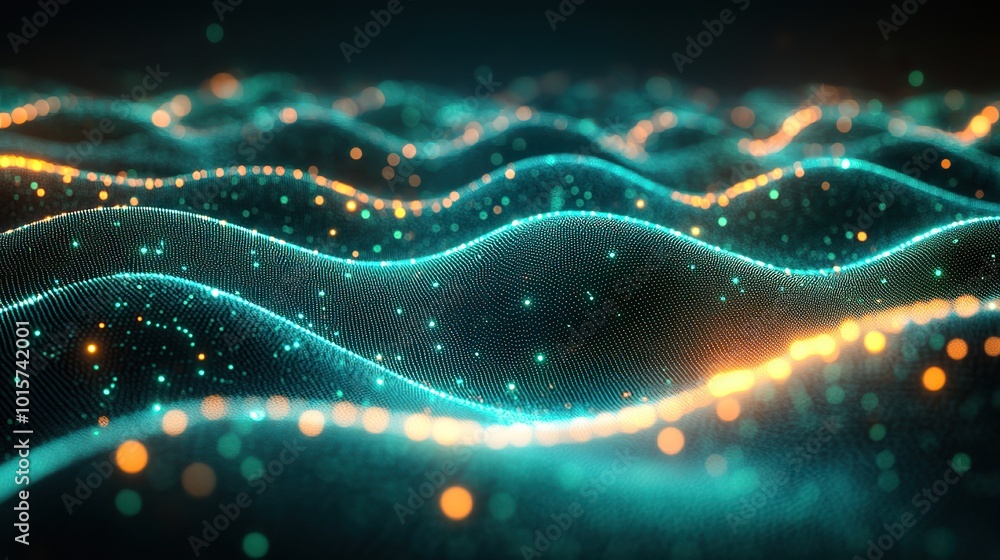 Poster a dynamic 3d wave background with green dots, illustrating futuristic flow technology for digital mu