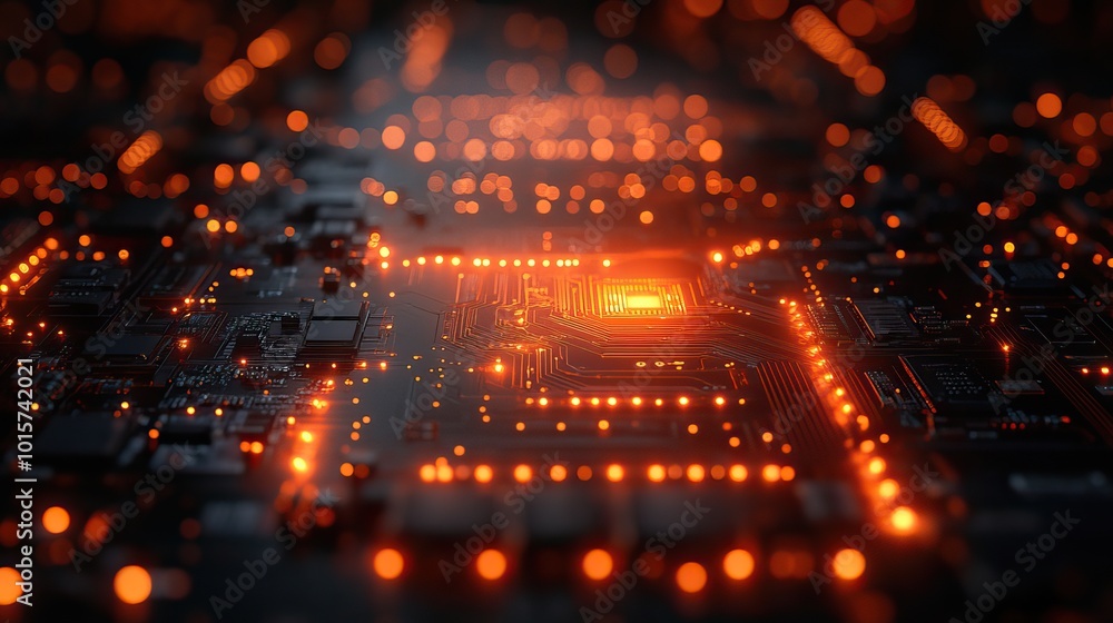 Poster a dynamic depiction of printed circuit boards, representing technological processes and educational 