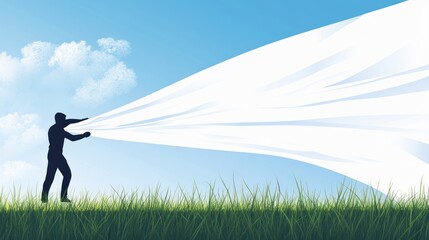 Silhouette of a man holding a white fabric against a blue sky