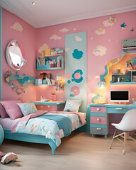 cartoon kids bedroom design, fun and colorful furniture, playful bed styles for children, imaginative kids' room decor, whimsical furniture arrangements, cheerful bedding sets for kids, vibrant wall c