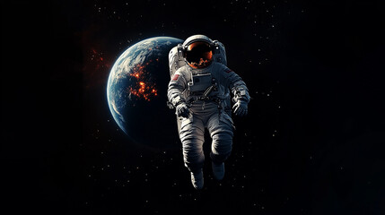 Astronaut in space with planets on background of distant stars and big planets