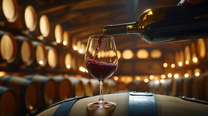 Pouring Red Wine in a Cellar
