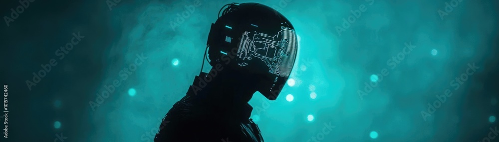 Aufkleber a futuristic figure with an illuminated helmet against a mystical blue background, symbolizing techn