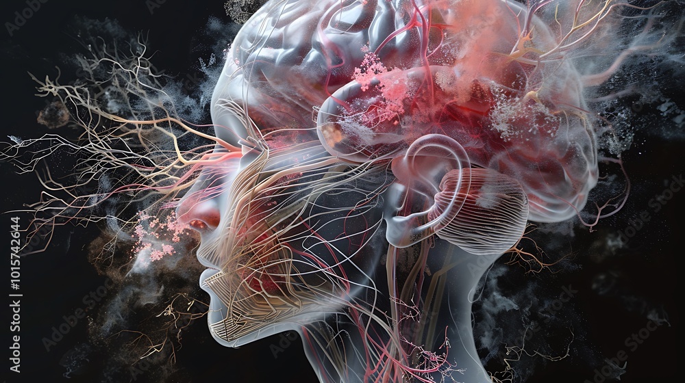 Poster 3d rendering of a translucent human head showcasing the intricate anatomy of the brain and nervous s