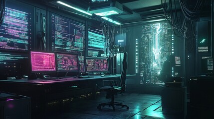 Obraz premium Futuristic Hacker's Lair with Glowing Screens and Cables