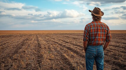 A farmer looks over a dry, parched field, contemplating the challenges of agriculture in a changing climate with increasingly scarce resources.