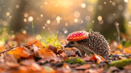 Fototapeta premium Hedgehog with a Mushroom Hat