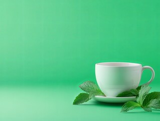 Fresh mint tea in a white cup on a vibrant green background
