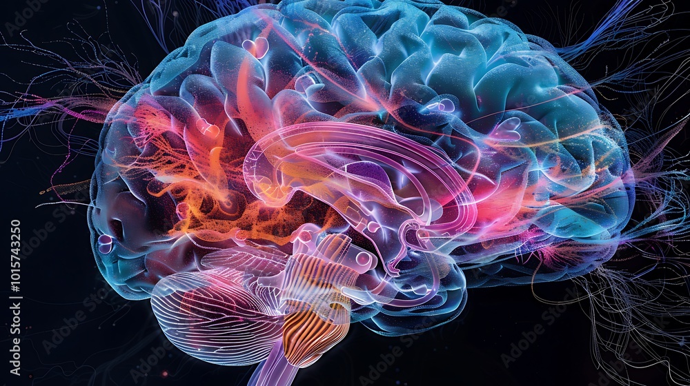 Aufkleber digital 3d model of a human brain with glowing effects, showcasing the intricate structure and compl