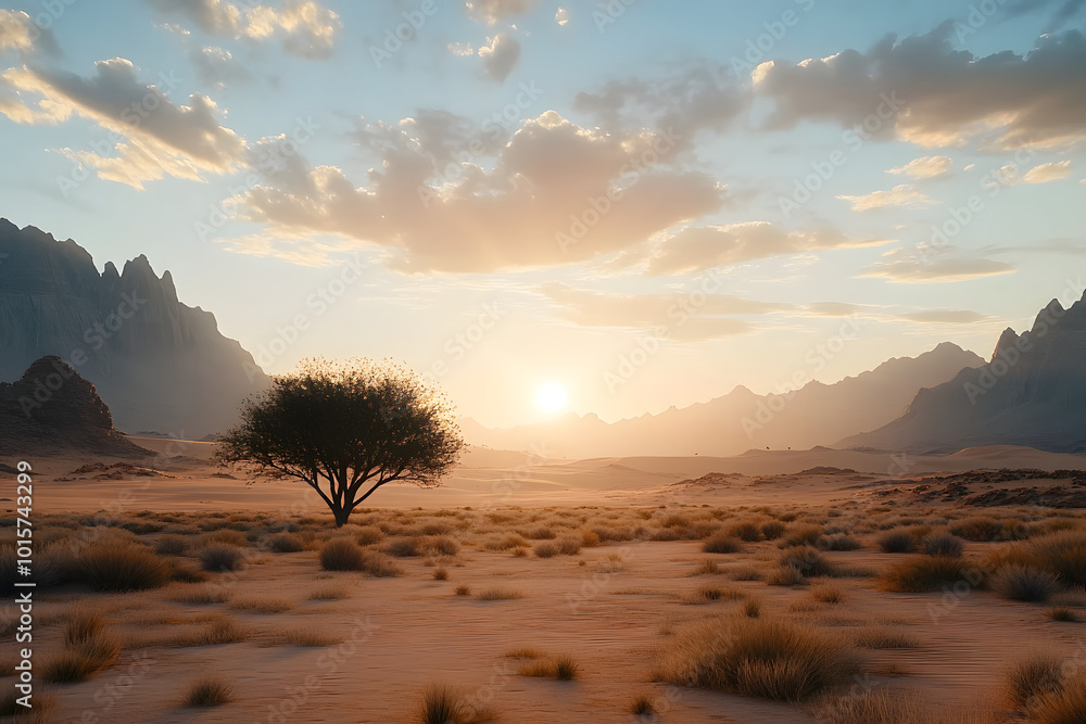 Canvas Prints A serene desert scene with a solitary tree, mountainscape, and sun setting on the horizon