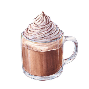 Watercolor mug of cocoa with whipped cream. Hot chocolate illustration