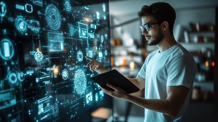 A young man in glasses uses a tablet to interact with a large screen displaying a complex network of digital information.
