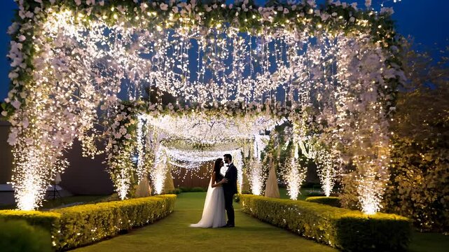 Camera zooms out from a couple kissing under twinkling lights in a romantic garden, ambient light creates a magical atmosphere