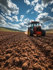 Obraz premium Tractor with Solar Panels Plowing a Field in Daylight