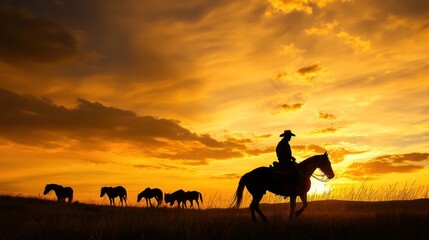 Silhouettes of Horsemen at Sunset