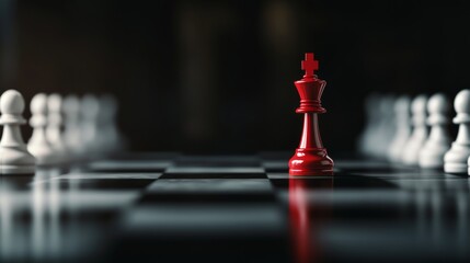 A vibrant red chess queen dominates a shiny chessboard, encircled by faceless white pawns. The strong shadows highlight themes of leadership and competition