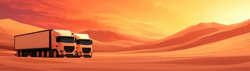 Two trucks are parked in a vast desert landscape during sunset, with warm hues painting the sky and dunes in the background.