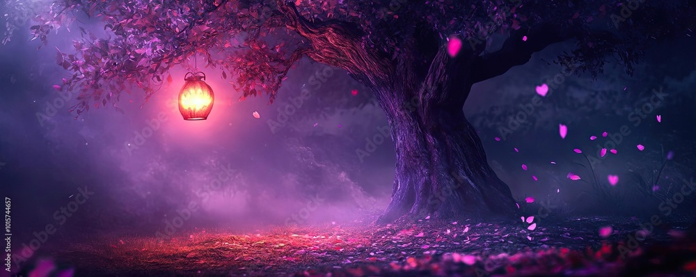 Poster a mystical tree under glowing lanterns, surrounded by vibrant flowers and enchanting mist, creating 