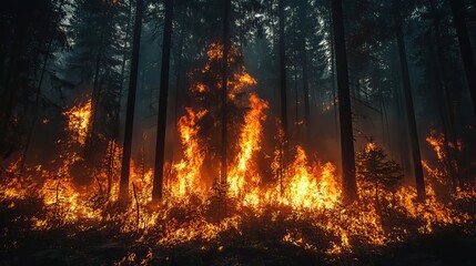 A forest fire blazes through trees, symbolizing the environmental destruction caused by wildfires.