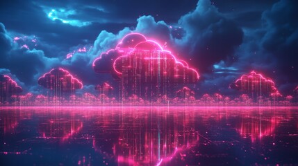 Futuristic cloud servers with neon-lit connections, data flow visible in sleek, modern designs suspended in a floating digital landscape