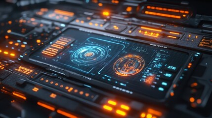 Fototapeta premium Futuristic control panel with AI algorithms visualized in holographic screens, global connections pulsating in an abstract digital environment