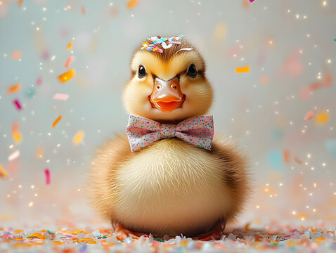 A cheerful duckling wearing a bow tie, surrounded by colorful confetti, perfect for celebration themes.