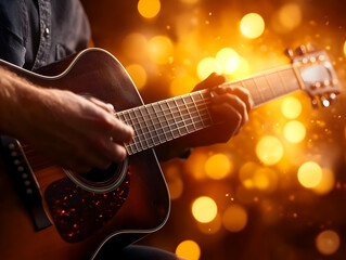 Obraz premium A close-up of hands playing an acoustic guitar against a sparkling bokeh background.