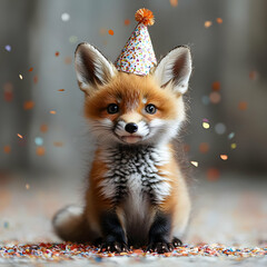 Fototapeta premium A cute fox wearing a party hat, surrounded by confetti, celebrating a joyful moment.